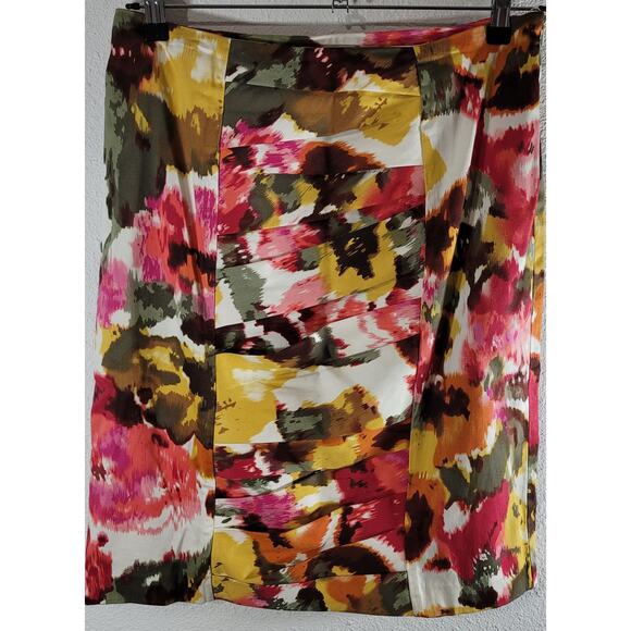 Sunny Leigh Green Pink Abstract Pencil Skirt 10 Flat Front Ruched Center Panel - Picture 1 of 5
